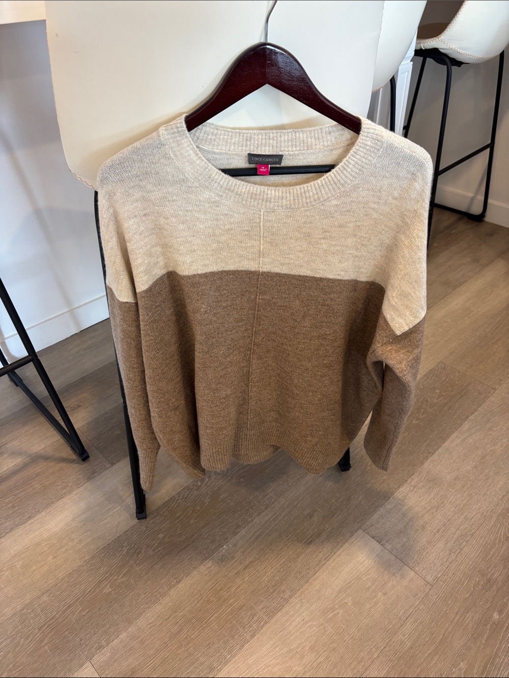 Vince Camuto Two-Tone Crewneck Sweater in Cream and Brown